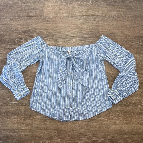 Free People Blue/White Striped Off-The-Shoulder Blouse Top - Picture 3 of 15